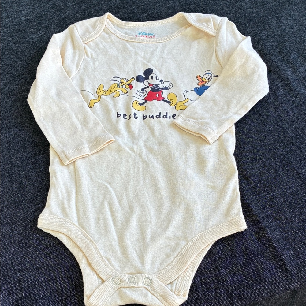 Disney Cream Mickey Mouse "Best Buddies" Long-Sleeve One-Piece